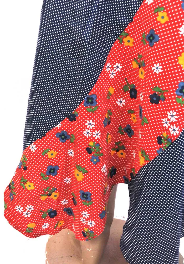 1970s Vintage Red and Blue Patchwork Floral Maxi Skirt • Scarf Hem • Polka Dots