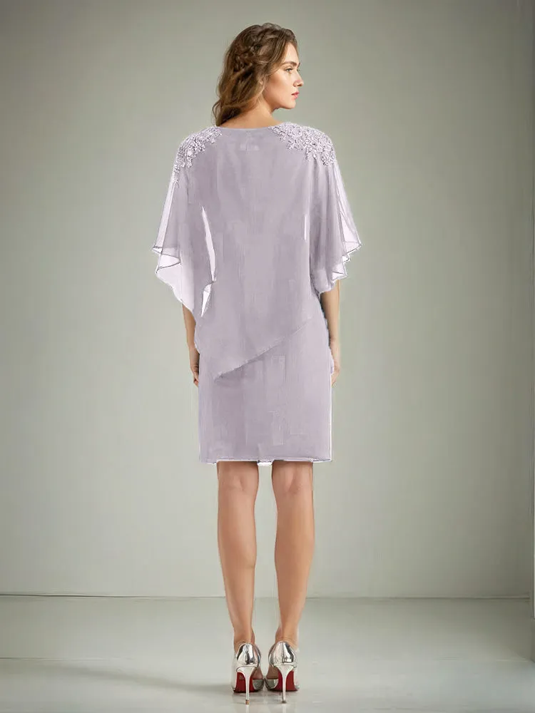 2 Pieces Chiffon Half Sleeves Cape Knee-Length Mother of the Bride Dress