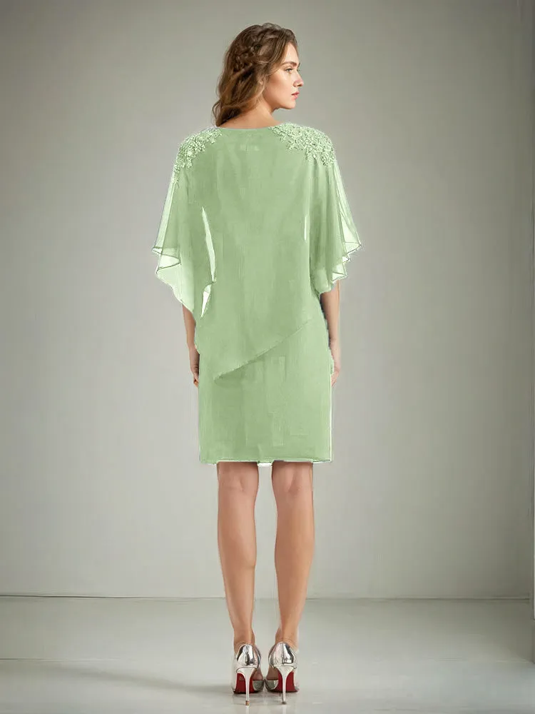 2 Pieces Chiffon Half Sleeves Cape Knee-Length Mother of the Bride Dress