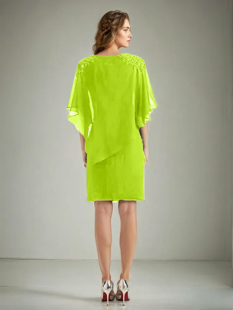 2 Pieces Chiffon Half Sleeves Cape Knee-Length Mother of the Bride Dress