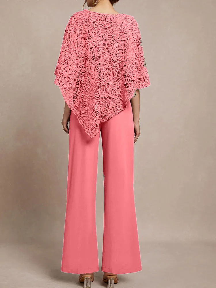3 Pieces Lace Cape Chiffon Mother of the Bride Pant Suits