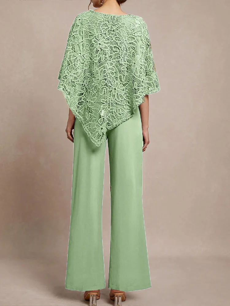3 Pieces Lace Cape Chiffon Mother of the Bride Pant Suits