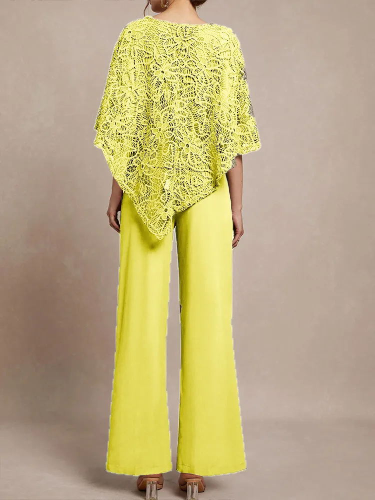 3 Pieces Lace Cape Chiffon Mother of the Bride Pant Suits