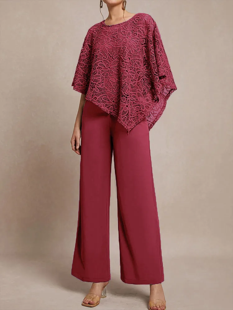 3 Pieces Lace Cape Chiffon Mother of the Bride Pant Suits