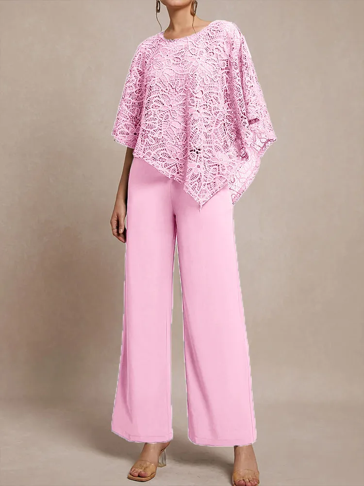 3 Pieces Lace Cape Chiffon Mother of the Bride Pant Suits