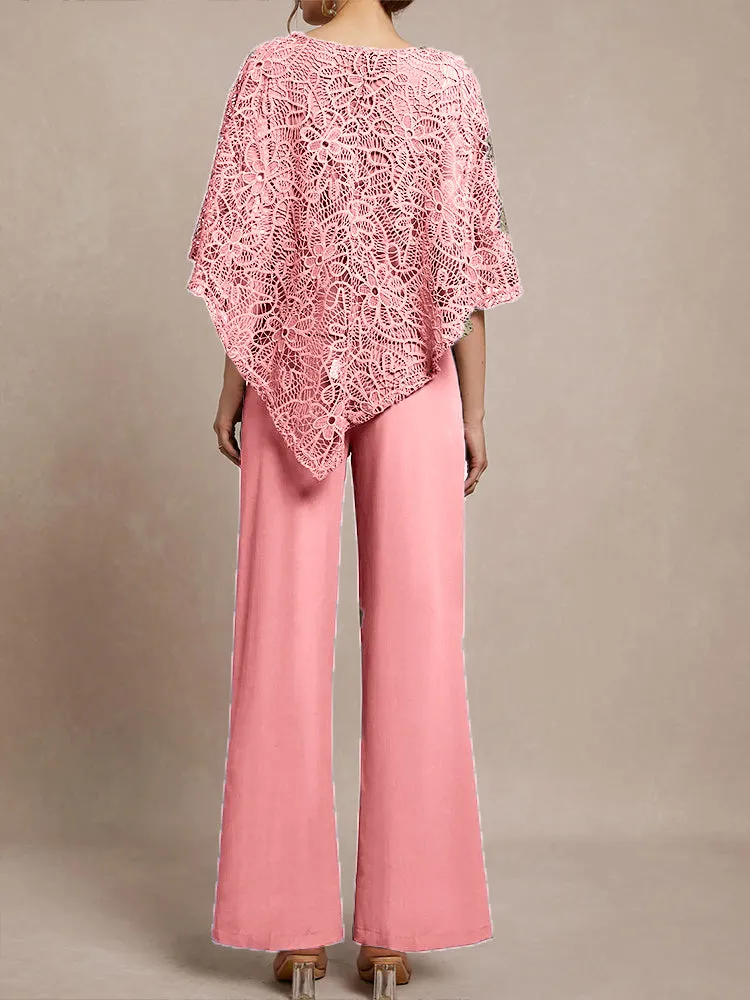 3 Pieces Lace Cape Chiffon Mother of the Bride Pant Suits