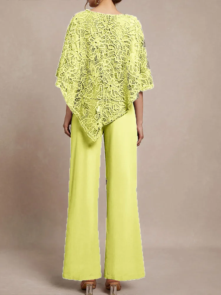 3 Pieces Lace Cape Chiffon Mother of the Bride Pant Suits