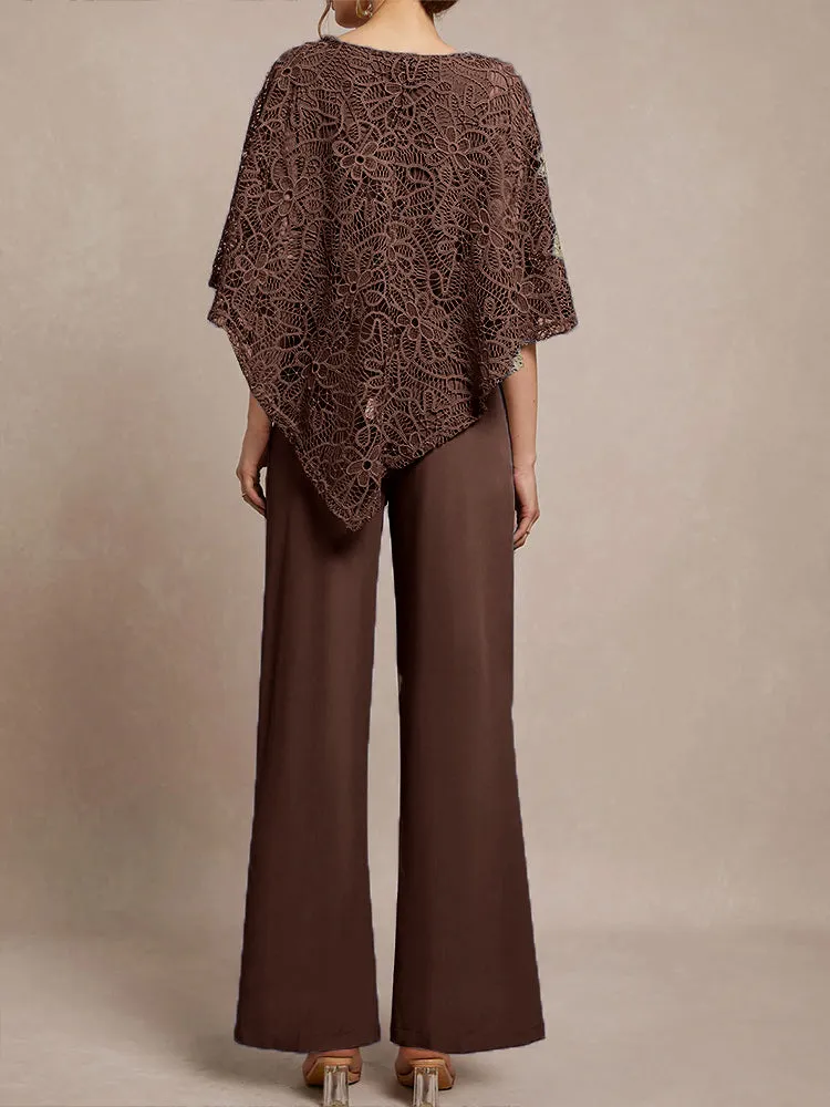 3 Pieces Lace Cape Chiffon Mother of the Bride Pant Suits