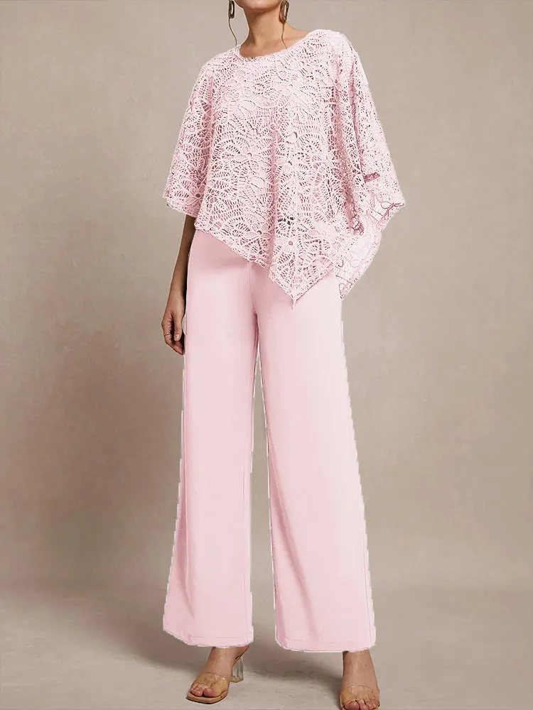 3 Pieces Lace Cape Chiffon Mother of the Bride Pant Suits