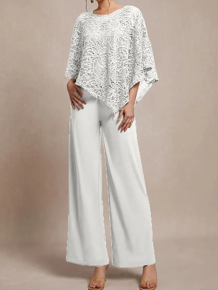 3 Pieces Lace Cape Chiffon Mother of the Bride Pant Suits