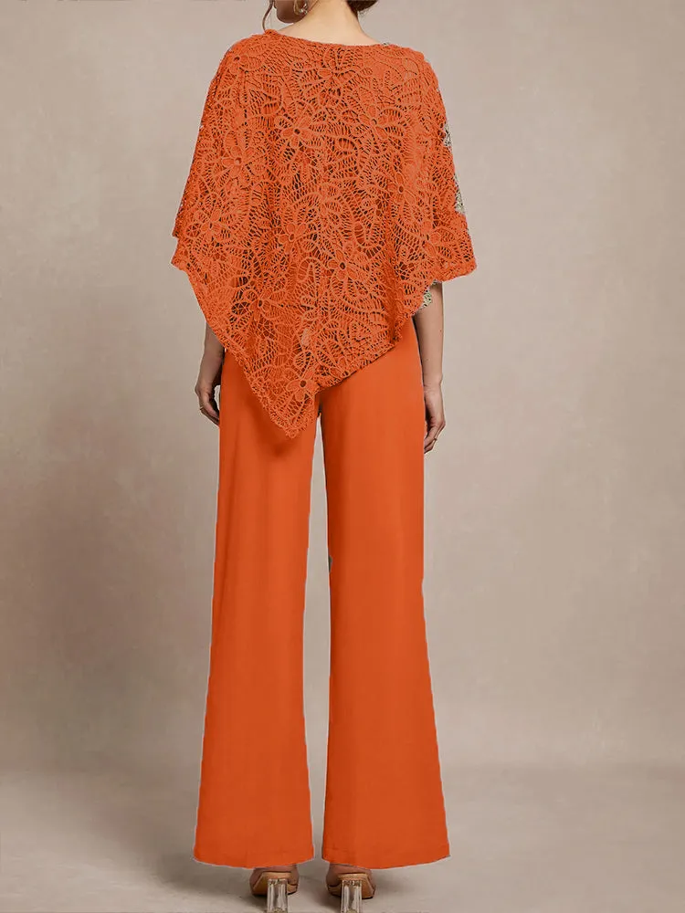 3 Pieces Lace Cape Chiffon Mother of the Bride Pant Suits