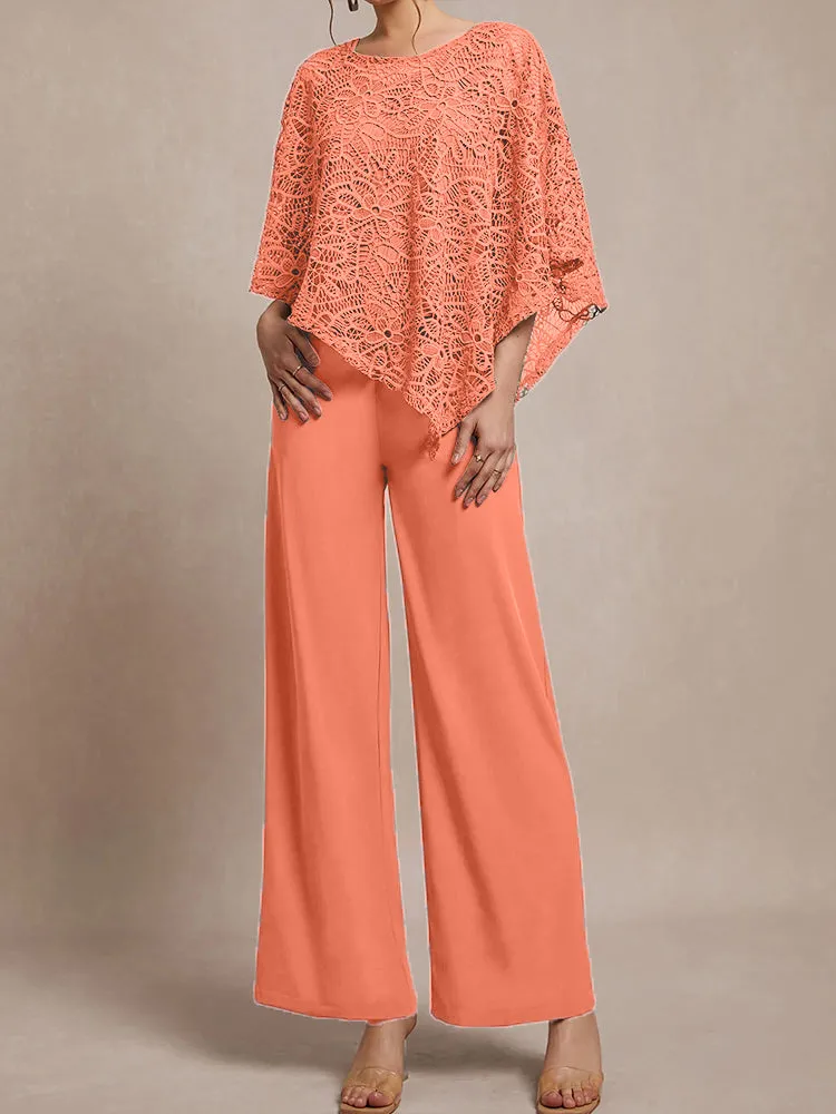 3 Pieces Lace Cape Chiffon Mother of the Bride Pant Suits