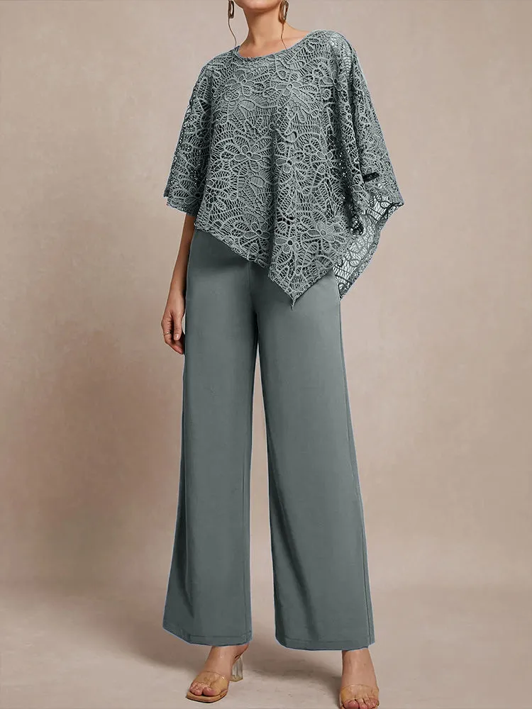 3 Pieces Lace Cape Chiffon Mother of the Bride Pant Suits