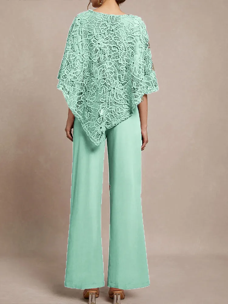 3 Pieces Lace Cape Chiffon Mother of the Bride Pant Suits