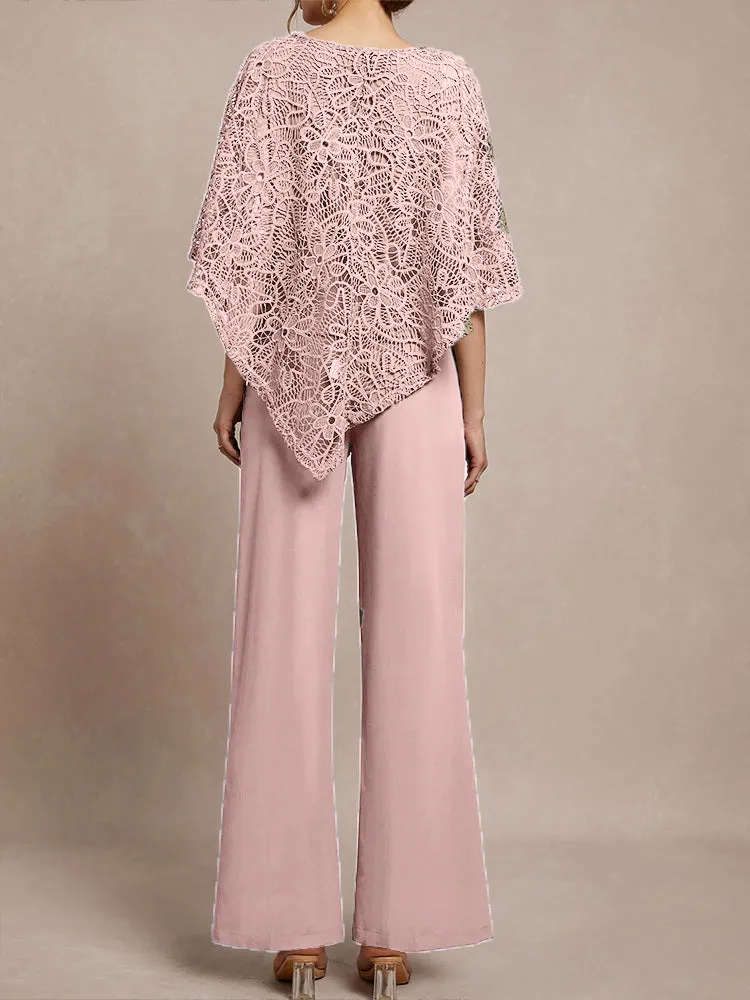3 Pieces Lace Cape Chiffon Mother of the Bride Pant Suits