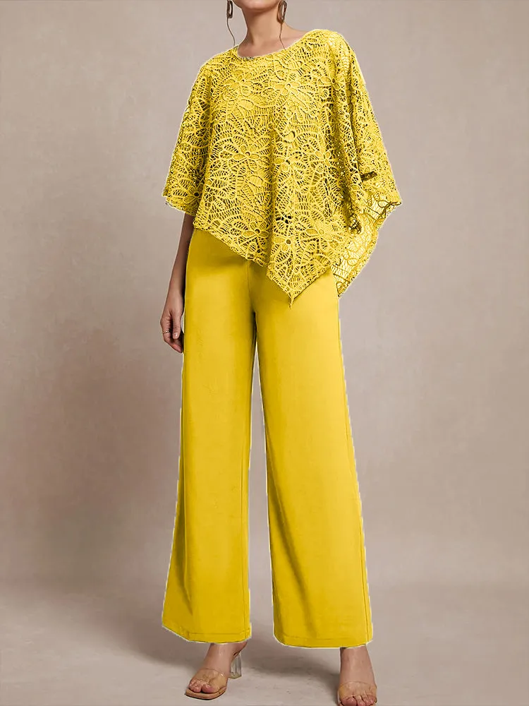 3 Pieces Lace Cape Chiffon Mother of the Bride Pant Suits