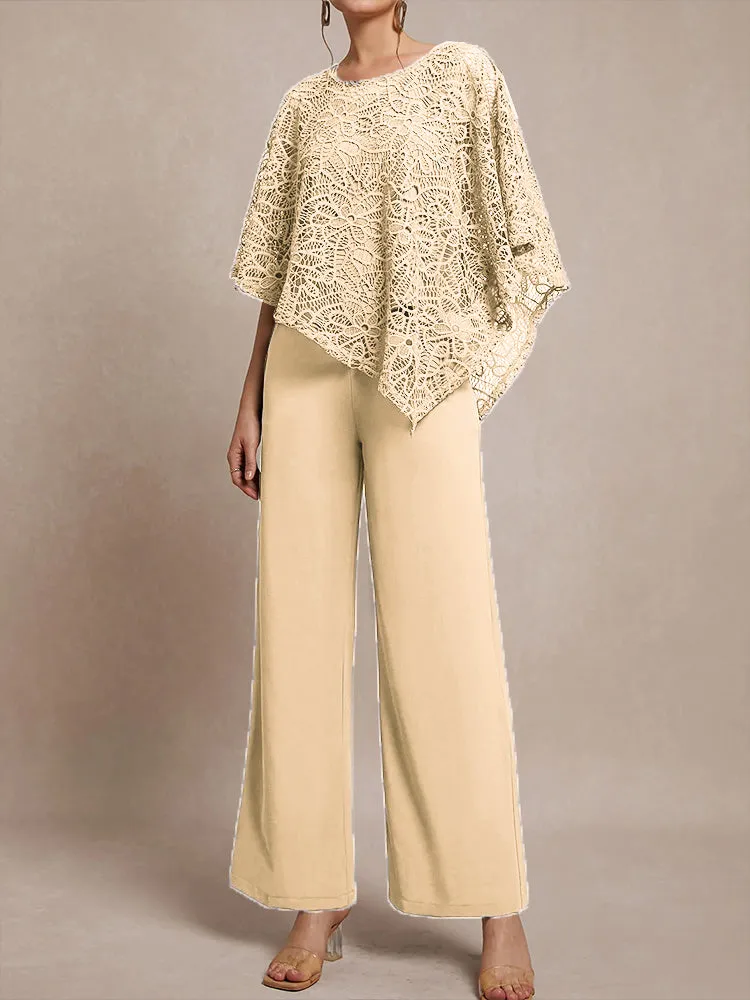 3 Pieces Lace Cape Chiffon Mother of the Bride Pant Suits
