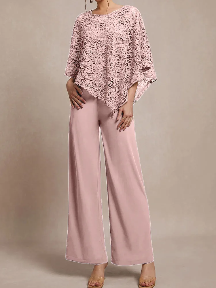 3 Pieces Lace Cape Chiffon Mother of the Bride Pant Suits