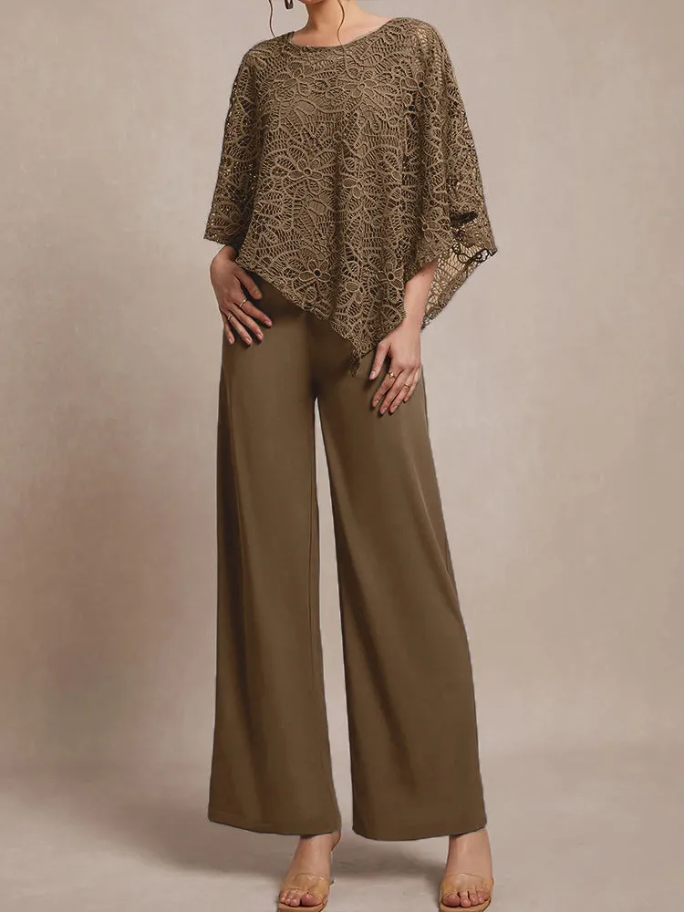 3 Pieces Lace Cape Chiffon Mother of the Bride Pant Suits