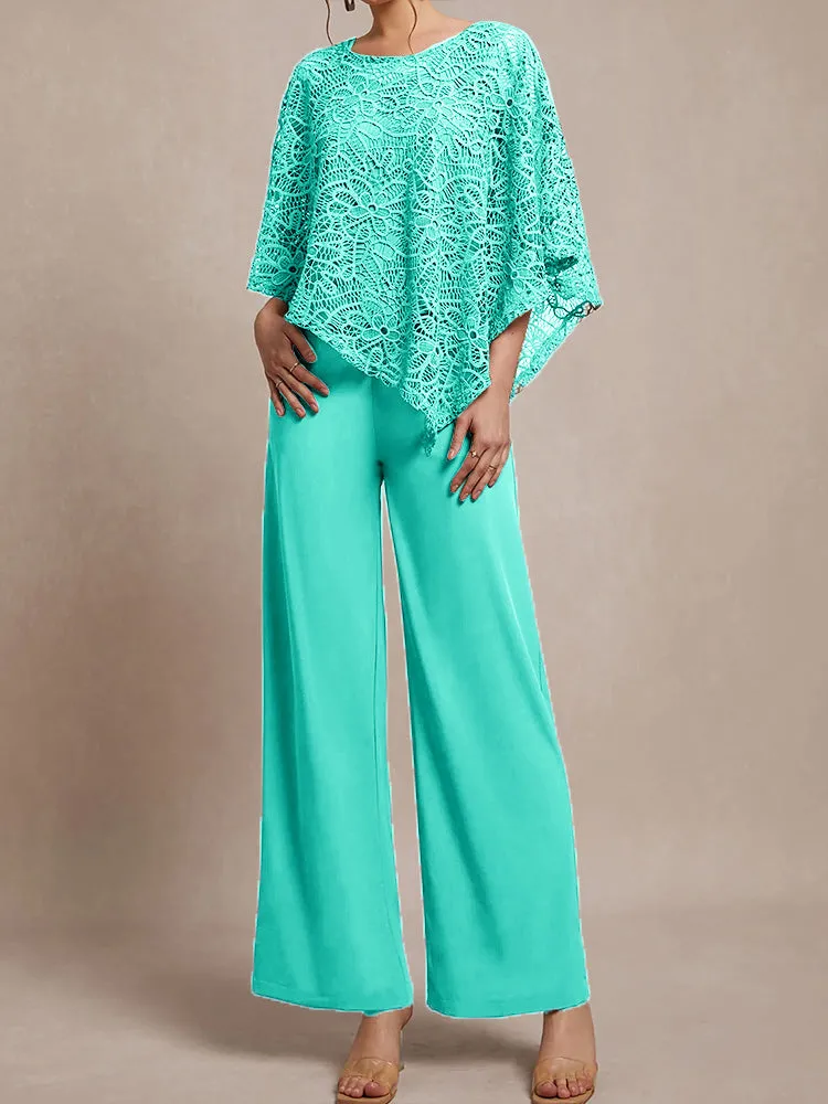 3 Pieces Lace Cape Chiffon Mother of the Bride Pant Suits