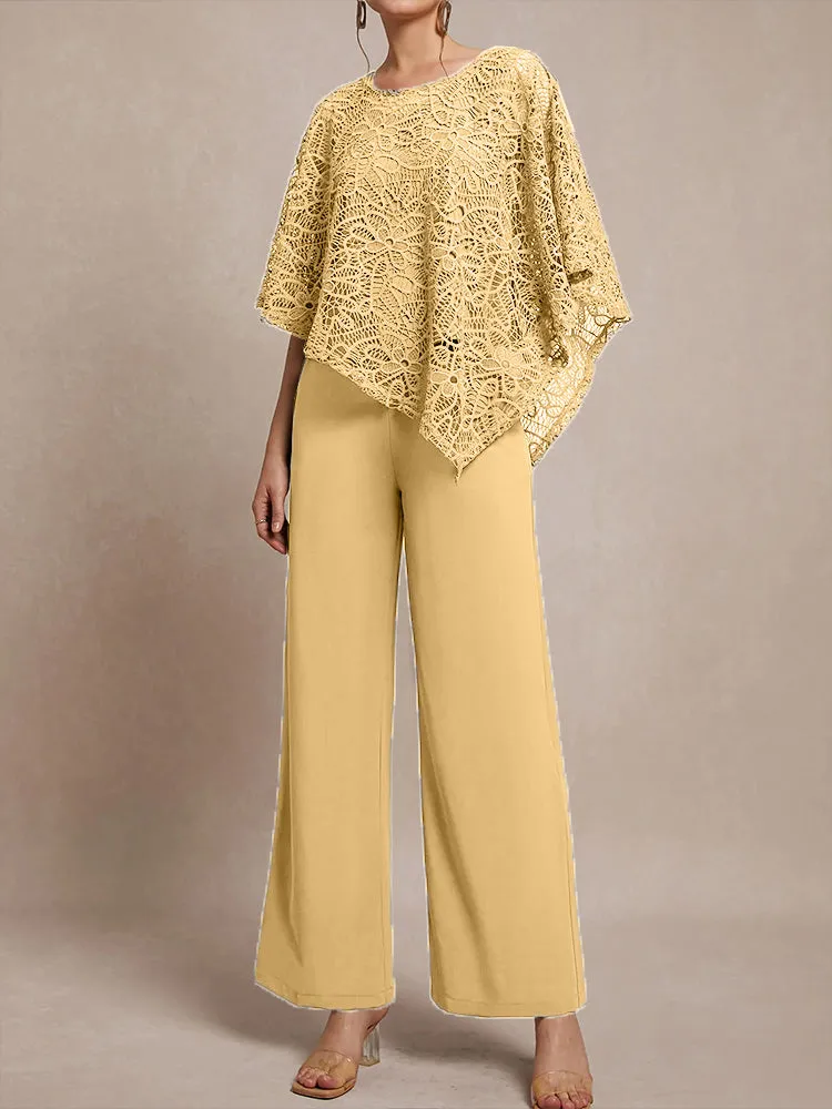 3 Pieces Lace Cape Chiffon Mother of the Bride Pant Suits
