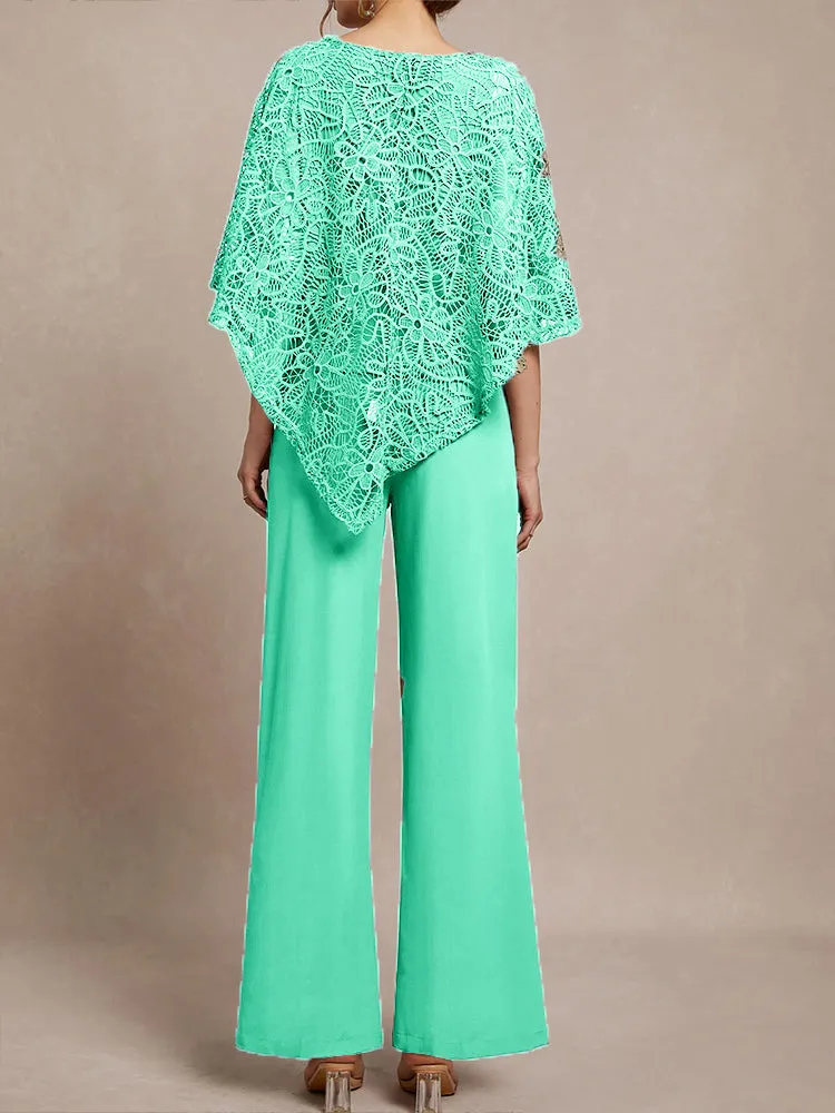 3 Pieces Lace Cape Chiffon Mother of the Bride Pant Suits