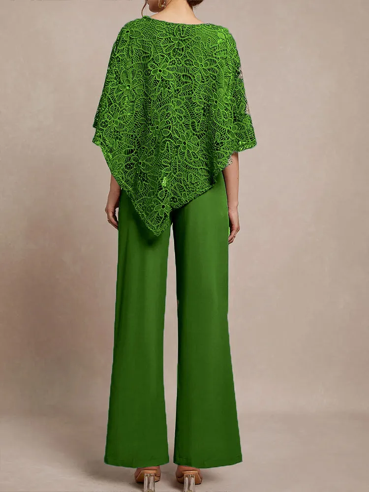 3 Pieces Lace Cape Chiffon Mother of the Bride Pant Suits