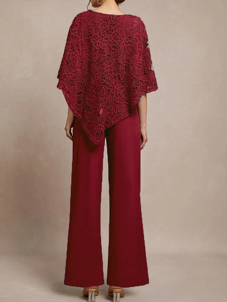 3 Pieces Lace Cape Chiffon Mother of the Bride Pant Suits