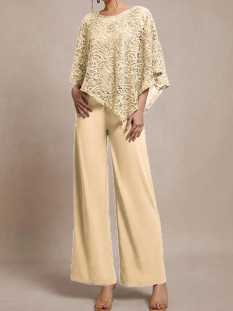 3 Pieces Lace Cape Chiffon Mother of the Bride Pant Suits