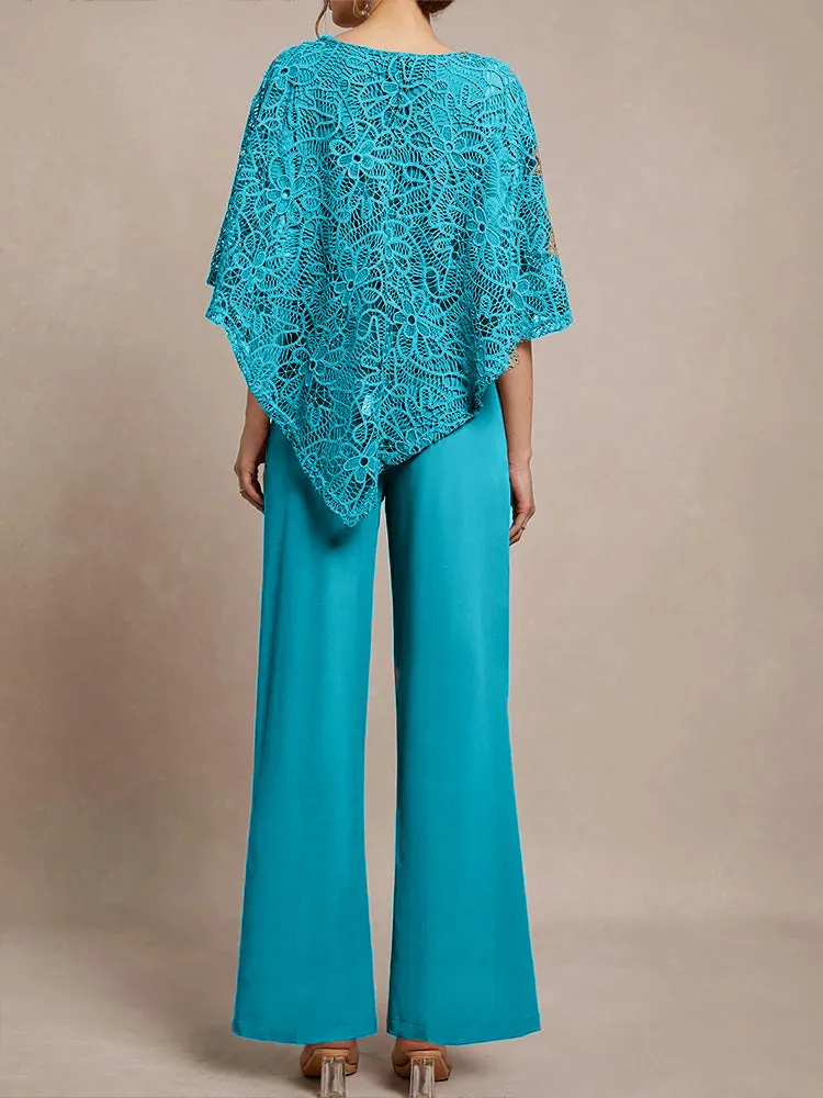 3 Pieces Lace Cape Chiffon Mother of the Bride Pant Suits