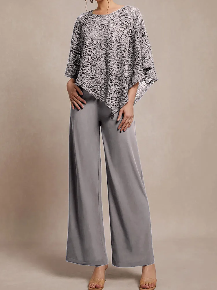 3 Pieces Lace Cape Chiffon Mother of the Bride Pant Suits