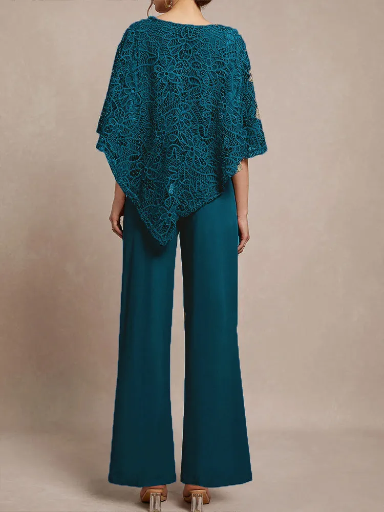3 Pieces Lace Cape Chiffon Mother of the Bride Pant Suits