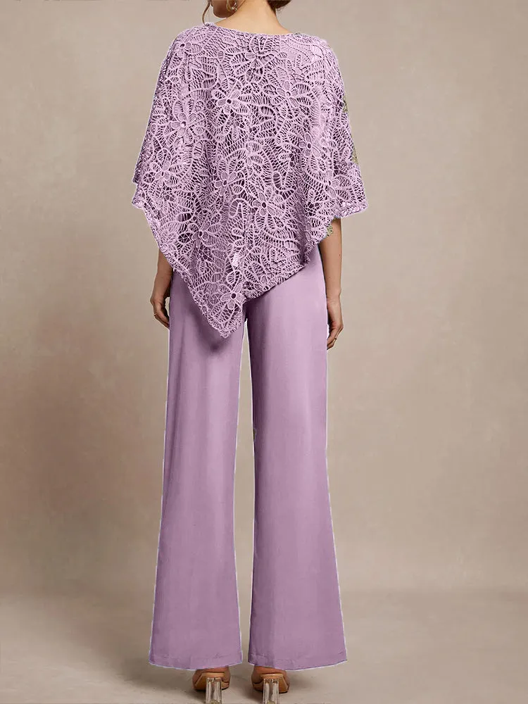 3 Pieces Lace Cape Chiffon Mother of the Bride Pant Suits