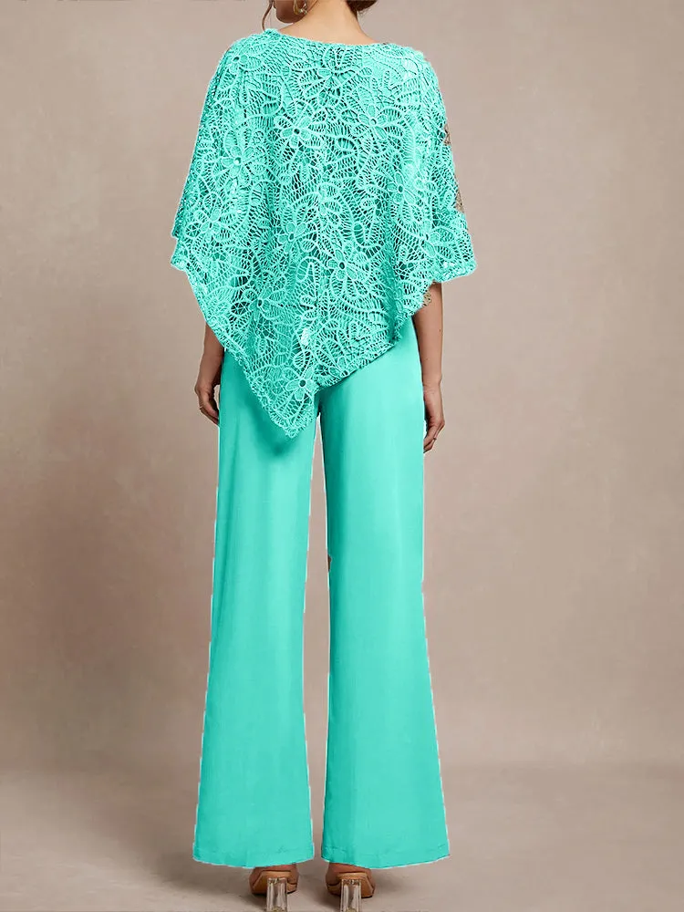 3 Pieces Lace Cape Chiffon Mother of the Bride Pant Suits