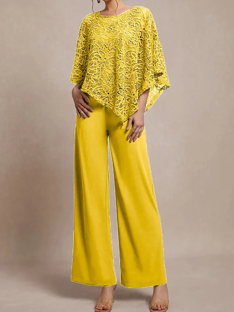 3 Pieces Lace Cape Chiffon Mother of the Bride Pant Suits