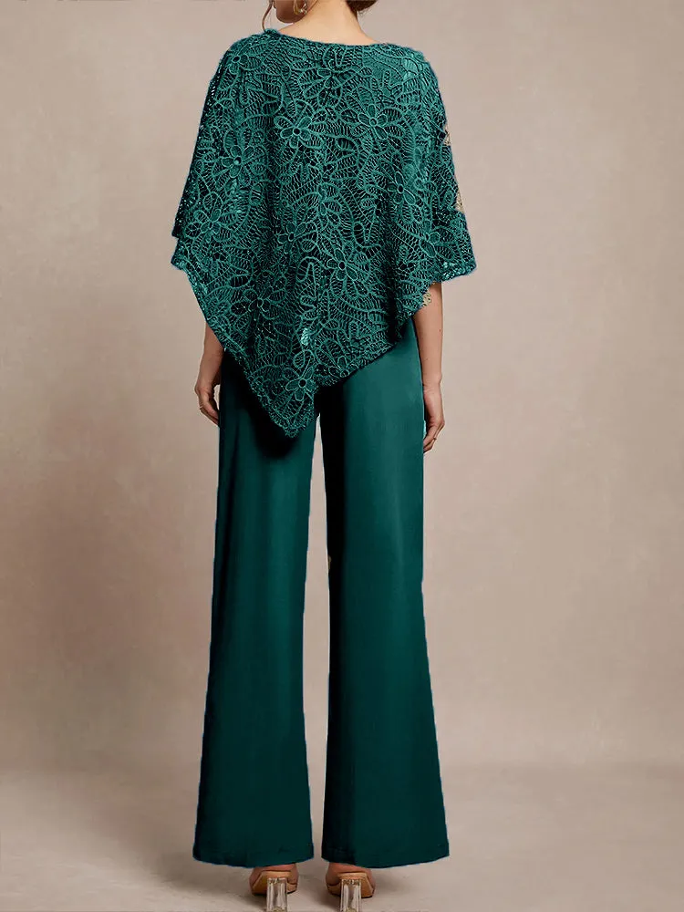 3 Pieces Lace Cape Chiffon Mother of the Bride Pant Suits