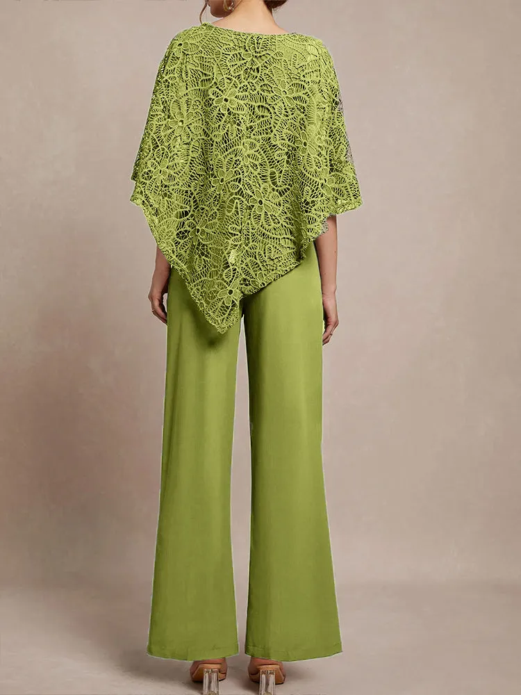 3 Pieces Lace Cape Chiffon Mother of the Bride Pant Suits