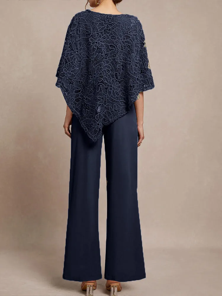3 Pieces Lace Cape Chiffon Mother of the Bride Pant Suits