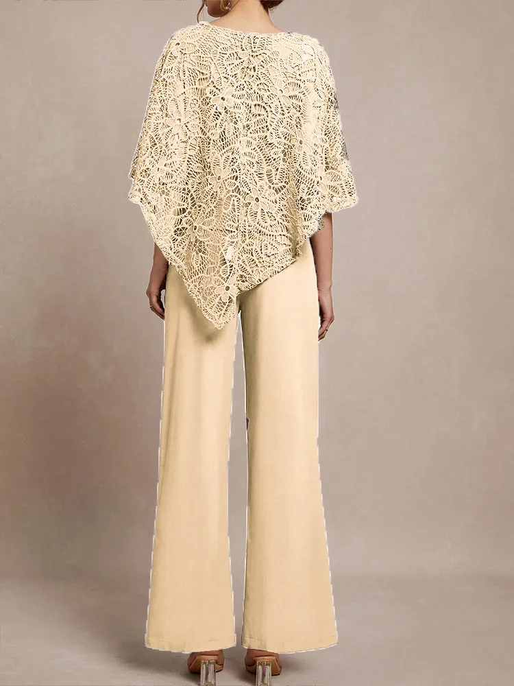 3 Pieces Lace Cape Chiffon Mother of the Bride Pant Suits