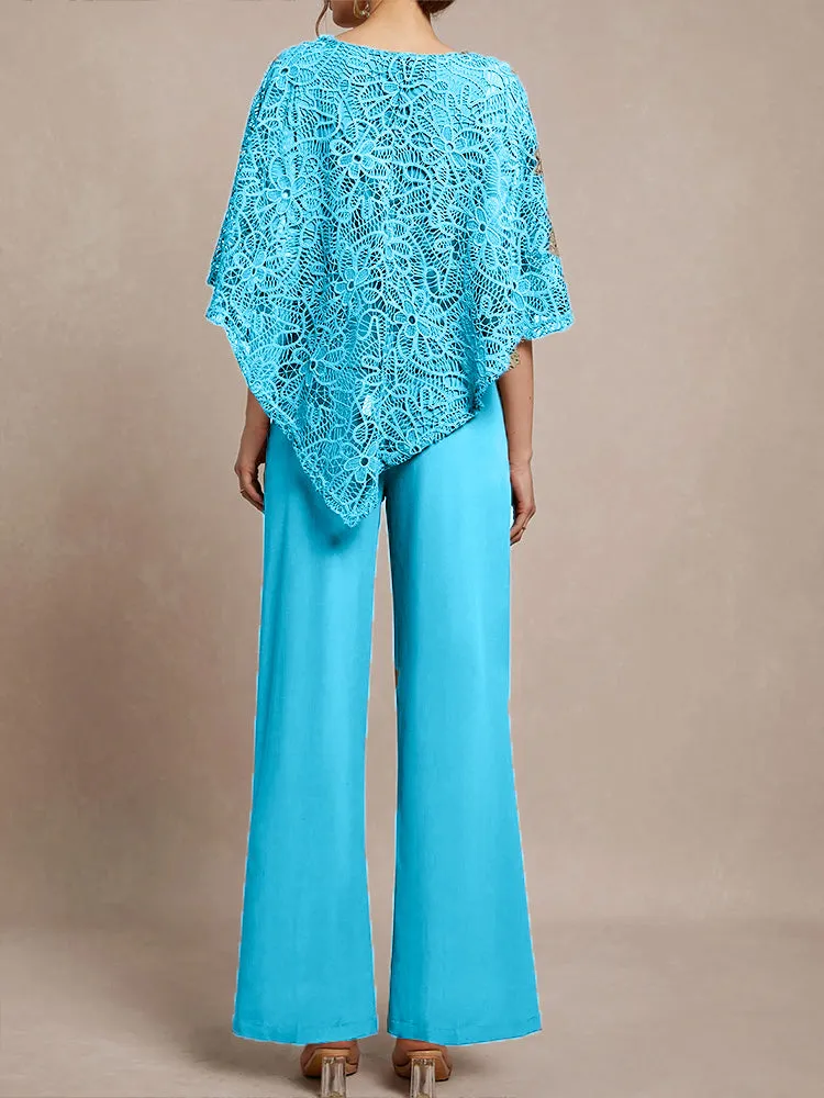 3 Pieces Lace Cape Chiffon Mother of the Bride Pant Suits