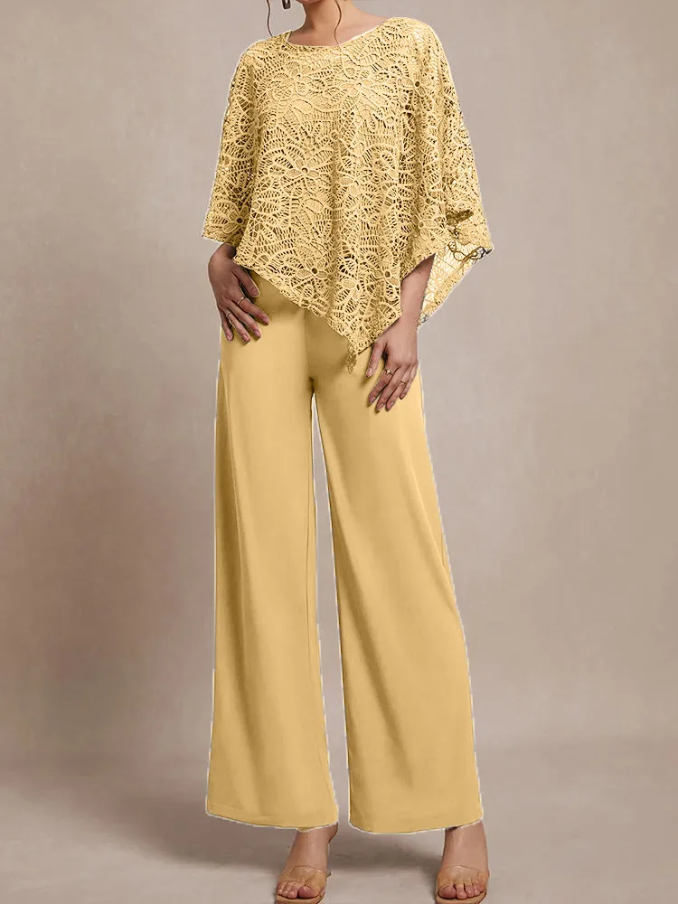 3 Pieces Lace Cape Chiffon Mother of the Bride Pant Suits
