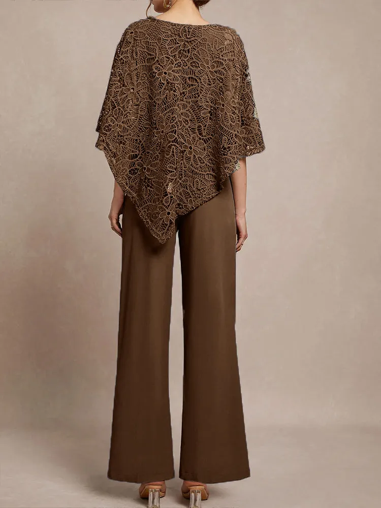 3 Pieces Lace Cape Chiffon Mother of the Bride Pant Suits