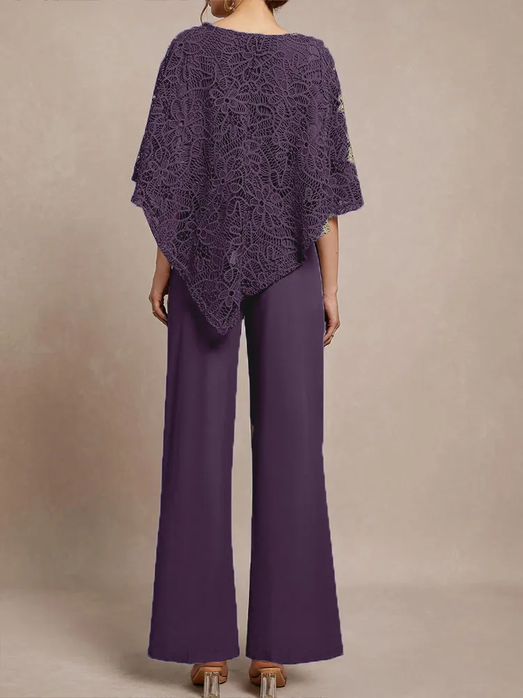 3 Pieces Lace Cape Chiffon Mother of the Bride Pant Suits