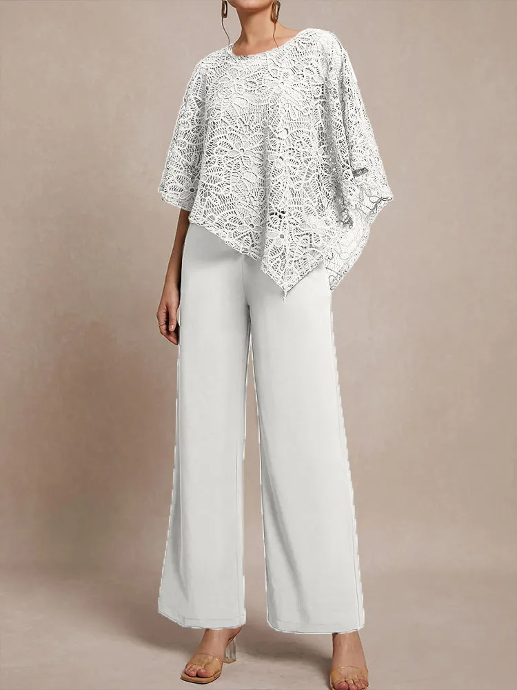 3 Pieces Lace Cape Chiffon Mother of the Bride Pant Suits
