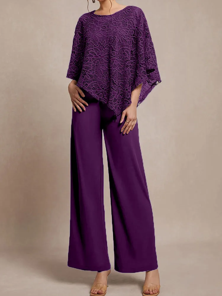 3 Pieces Lace Cape Chiffon Mother of the Bride Pant Suits