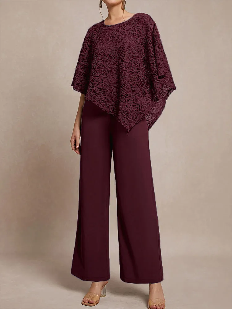 3 Pieces Lace Cape Chiffon Mother of the Bride Pant Suits
