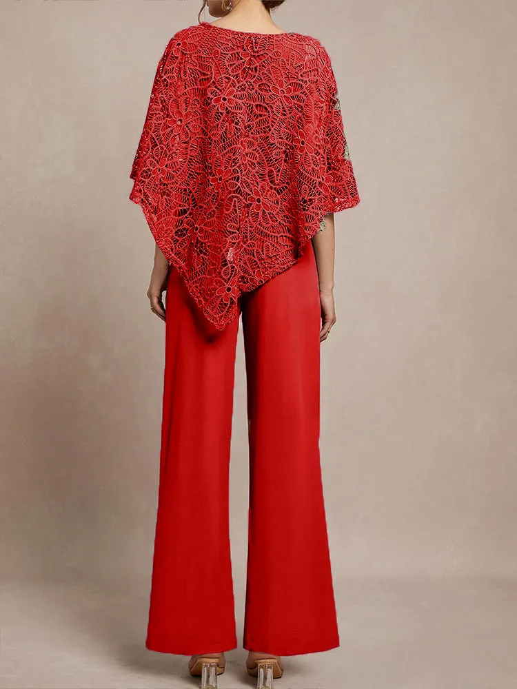 3 Pieces Lace Cape Chiffon Mother of the Bride Pant Suits