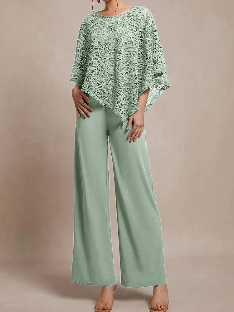 3 Pieces Lace Cape Chiffon Mother of the Bride Pant Suits