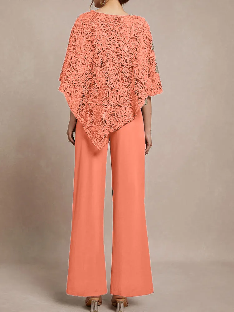 3 Pieces Lace Cape Chiffon Mother of the Bride Pant Suits