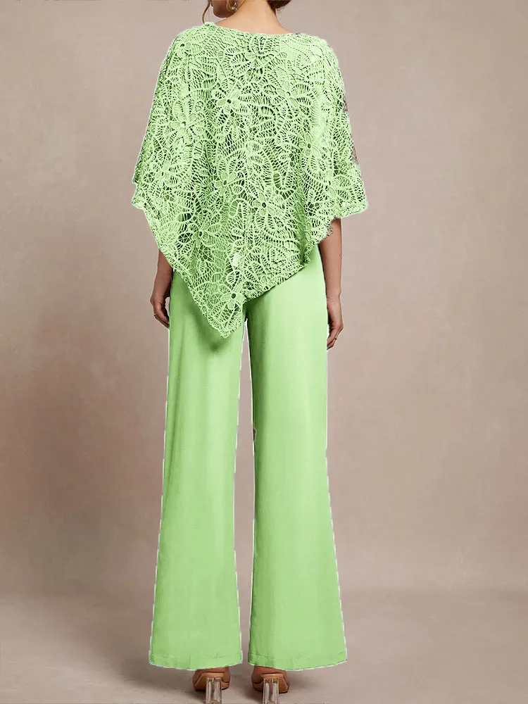 3 Pieces Lace Cape Chiffon Mother of the Bride Pant Suits